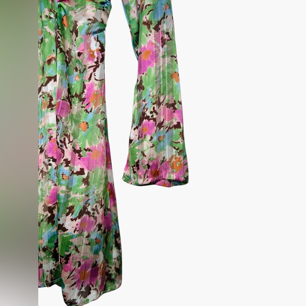 Fanco Watercolor Floral Button Up Long Sleeve Mini Dress Ruched Flare Medium - Picture 8 of 10
